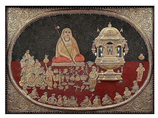 Exotic India Samsthana Puja Of Chandramouleswara By Adi Shankaracharya | Tanjore Painting Made With Traditional Colors And 24K Gold | Teakwood Frame