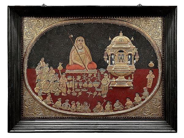 exotic india Samsthana Puja of Chandramouleswara by Adi Shankaracharya | Tanjore Painting made with Traditional Colors and 24K Gold | Teakwood Frame