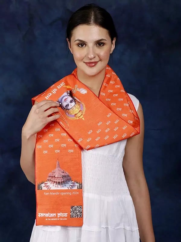 Exotic India Sanatan Prayer Bhagwa Scarf With Printed Shree Ram And Ayodhya Mandir (Unisex)
