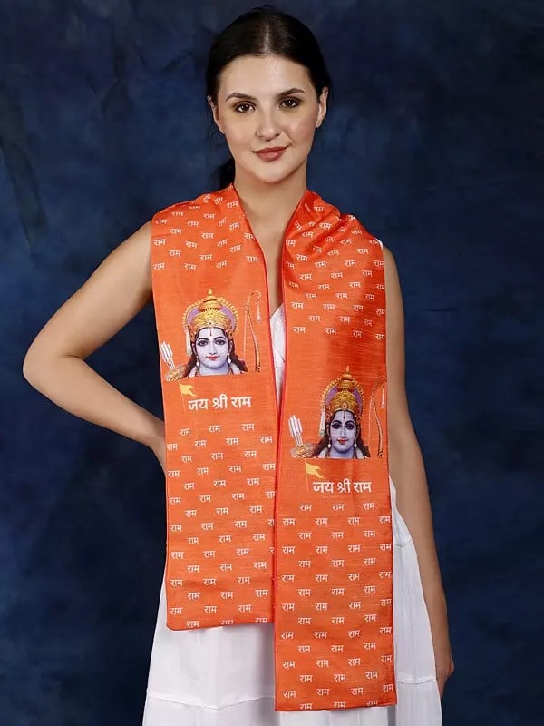 exotic india Sanatan Prayer Bhagwa Scarf with Printed Shree Ram and Ayodhya Mandir (Unisex) 