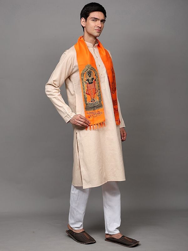 Exotic India Sanatan Prayer Bhagwa Scarf With Woven Bhagawan Ram With Bhakta Hanuman (Unisex) 