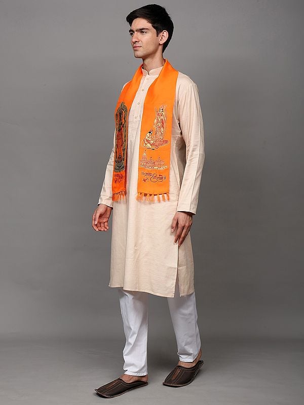 Exotic India Sanatan Prayer Bhagwa Scarf With Woven Bhagawan Ram With Bhakta Hanuman (Unisex) 