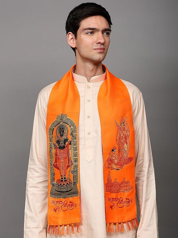 Exotic India Sanatan Prayer Bhagwa Scarf With Woven Bhagawan Ram With Bhakta Hanuman (Unisex) 