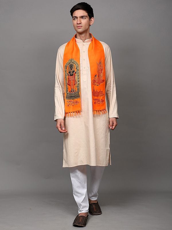 exotic india Sanatan Prayer Bhagwa Scarf with Woven Bhagawan Ram with Bhakta Hanuman (Unisex)