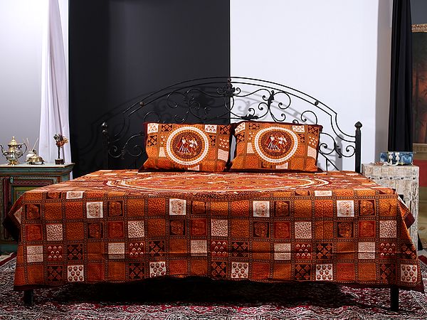 Exotic India Sandstone Dandiya Folkdance Handblock Printed Cotton Queen Size Bedsheet With Two Pillow Cover 