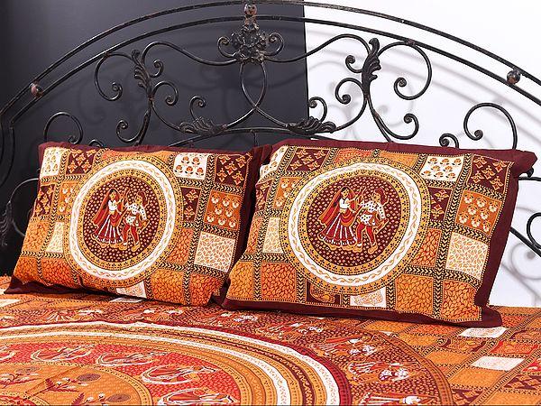 Exotic India Sandstone Dandiya Folkdance Handblock Printed Cotton Queen Size Bedsheet With Two Pillow Cover 