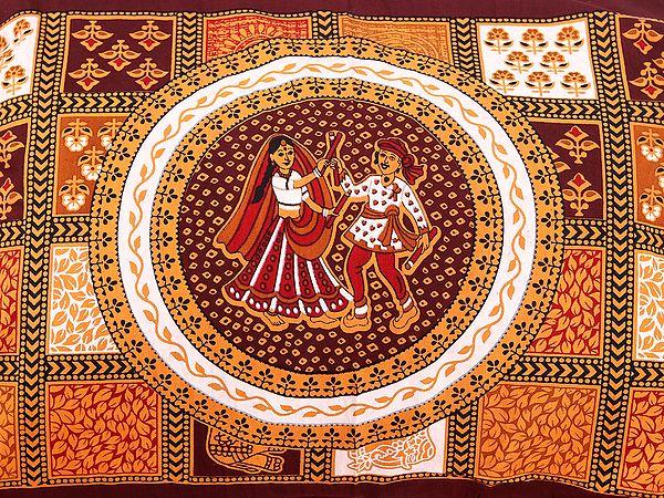 Exotic India Sandstone Dandiya Folkdance Handblock Printed Cotton Queen Size Bedsheet With Two Pillow Cover 