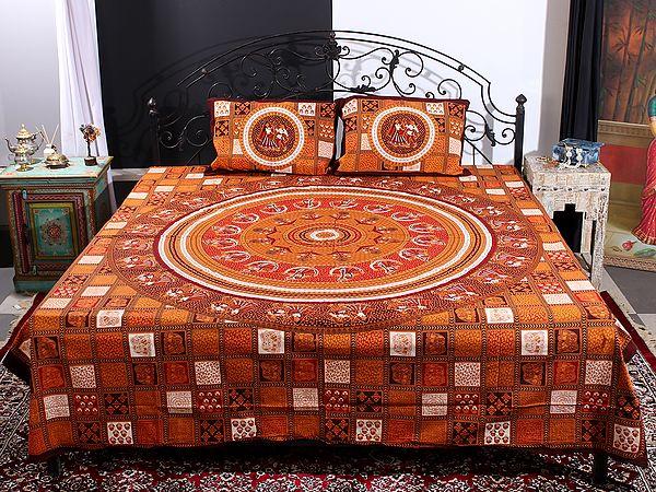 exotic india Sandstone Dandiya Folkdance Handblock Printed Cotton Queen Size Bedsheet With Two Pillow Cover 