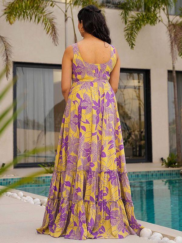 Exotic India Sandy-Yellow Elegant Heavy Rayon Sleeveless Floral Print Flared Casual Wear Gown