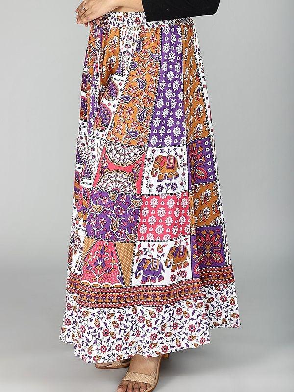 Exotic India Sanganeri Long Skirt With All Over Floral And Elephant Printed Motif 