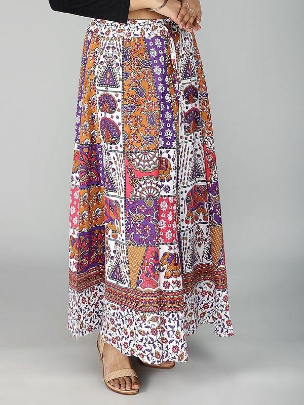 Exotic India Sanganeri Long Skirt With All Over Floral And Elephant Printed Motif 