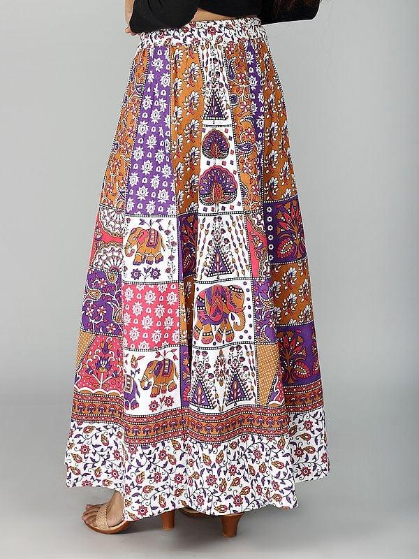 Exotic India Sanganeri Long Skirt With All Over Floral And Elephant Printed Motif 