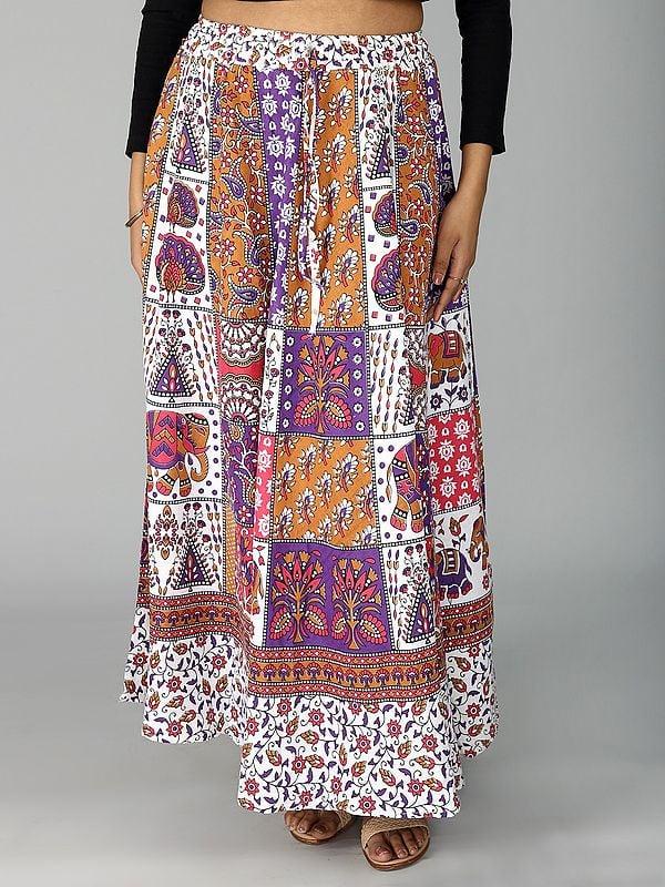 exotic india Sanganeri Long Skirt with All Over Floral and Elephant Printed Motif 