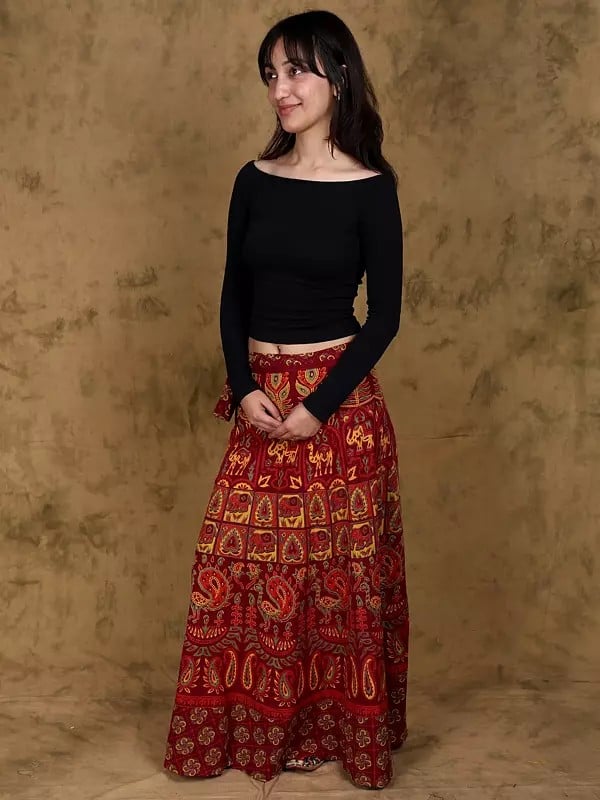 Exotic India Sanganeri Long Skirt With Printed Elephants And Peacocks 