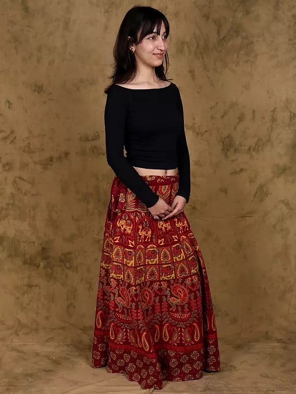 Exotic India Sanganeri Long Skirt With Printed Elephants And Peacocks 