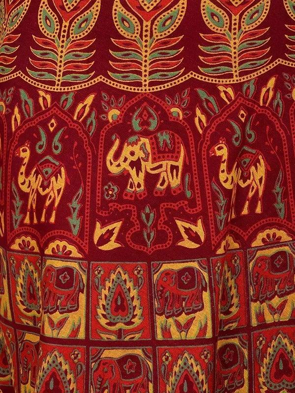Exotic India Sanganeri Long Skirt With Printed Elephants And Peacocks 