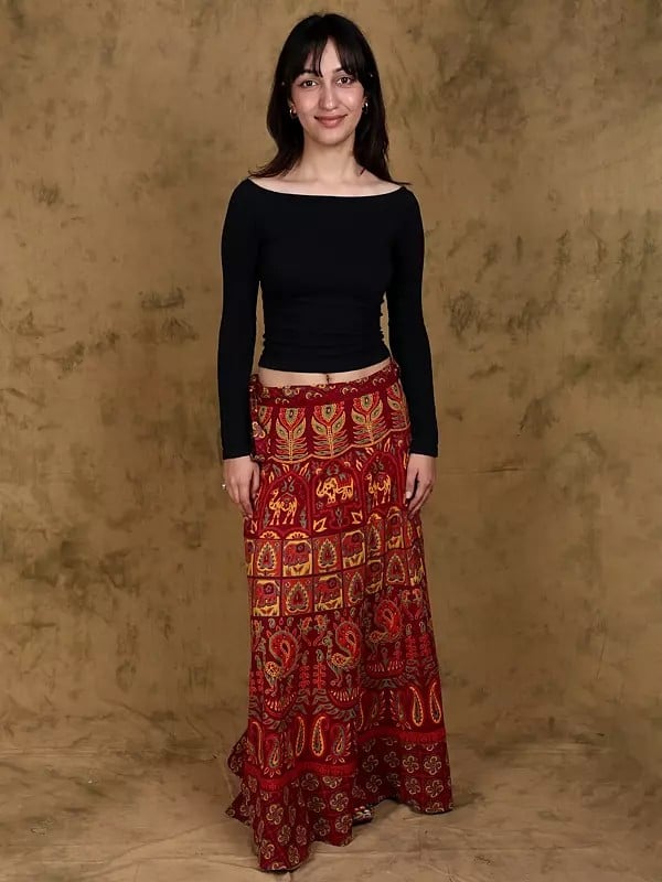 exotic india Sanganeri Long Skirt with Printed Elephants and Peacocks 