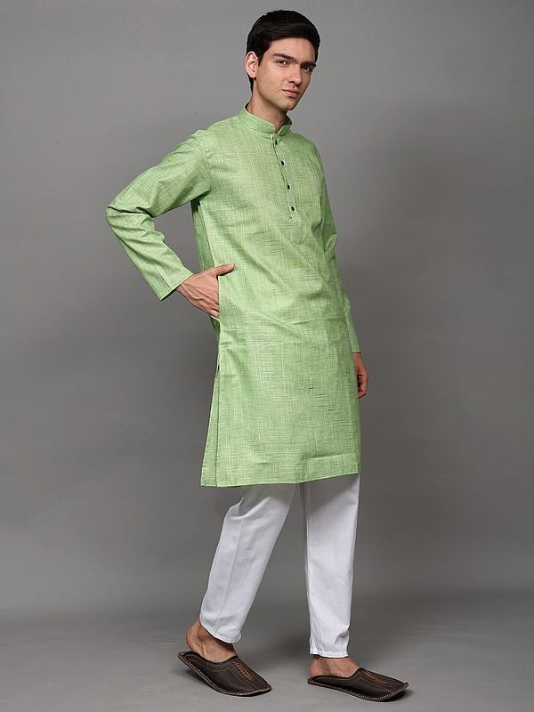 Exotic India Sap-Green Mandarin Collar Kurta Pajama Set With Stripe Weave 