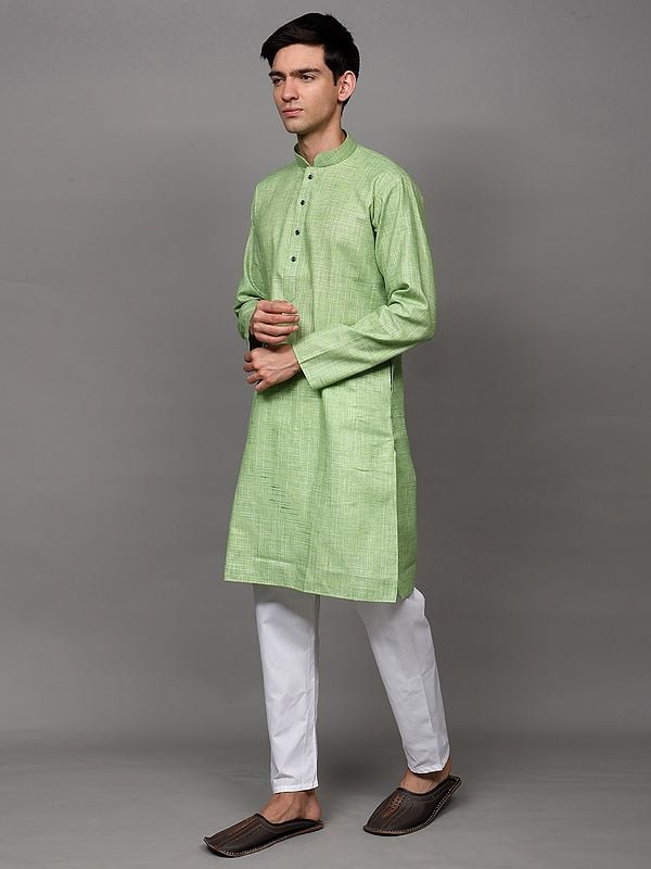 Exotic India Sap-Green Mandarin Collar Kurta Pajama Set With Stripe Weave 
