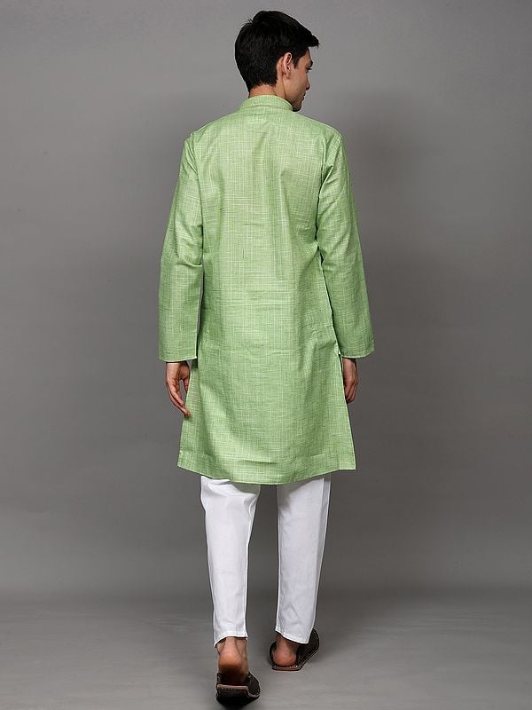 Exotic India Sap-Green Mandarin Collar Kurta Pajama Set With Stripe Weave 