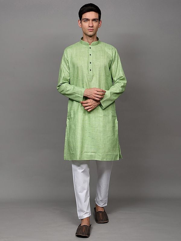 exotic india Sap-Green Mandarin Collar Kurta Pajama Set with Stripe Weave 