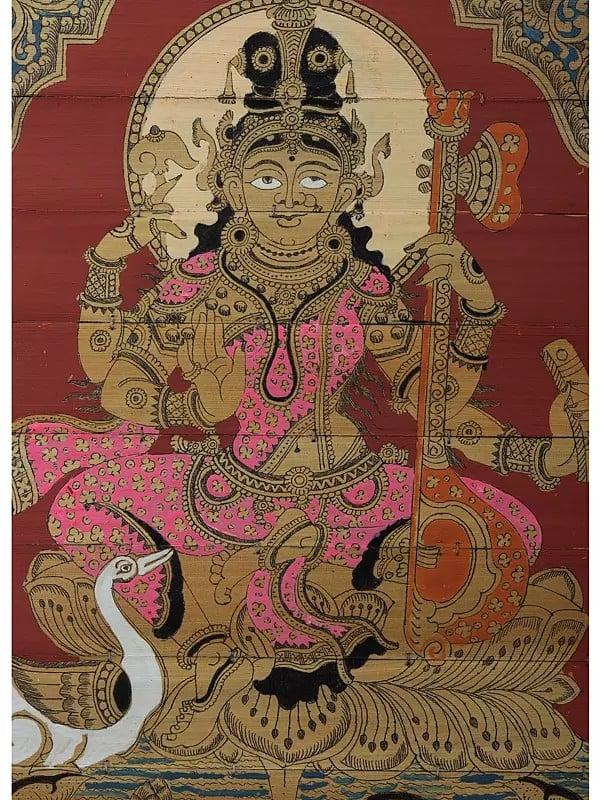 Exotic India Saraswati Maa Giving Blessing | Pattachitra Painting On Palm Leaf