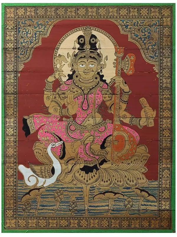 exotic india Saraswati Maa Giving Blessing | Pattachitra Painting on Palm Leaf 