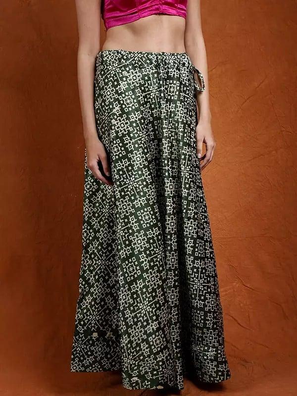 Exotic India Satin A-Line Printed Long Skirt From Kutch With Dori Waist