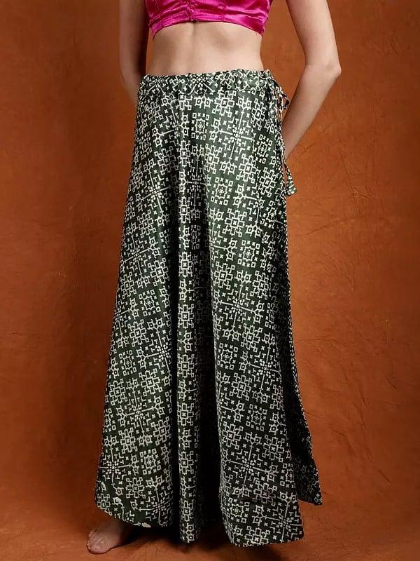 Exotic India Satin A-Line Printed Long Skirt From Kutch With Dori Waist