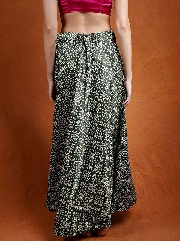 Exotic India Satin A-Line Printed Long Skirt From Kutch With Dori Waist