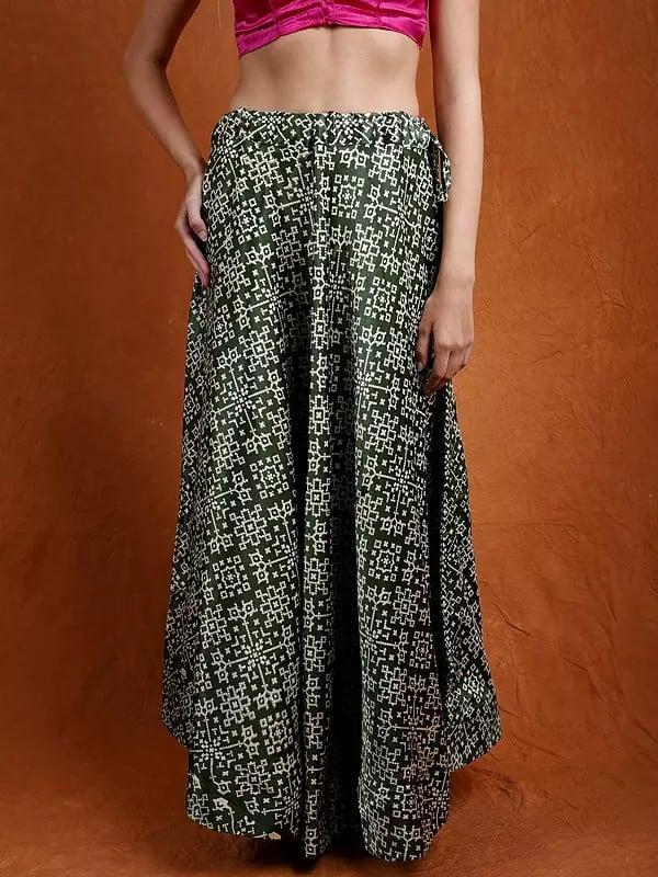 exotic india Satin A-Line Printed Long Skirt from Kutch with Dori Waist 