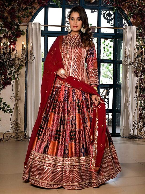 Exotic India Satin Attractive Sequins And Embroidery Work Wedding Wear Lehenga Choli With Georgette Dupatta 
