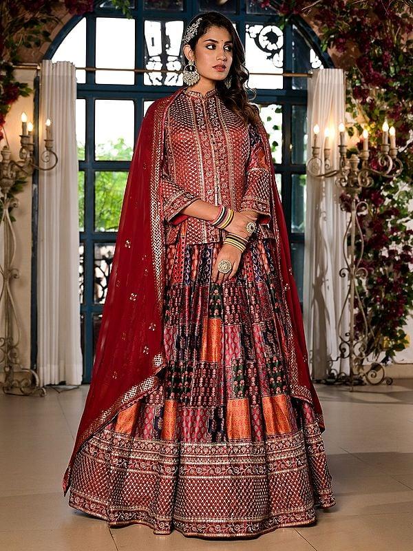Exotic India Satin Attractive Sequins And Embroidery Work Wedding Wear Lehenga Choli With Georgette Dupatta 