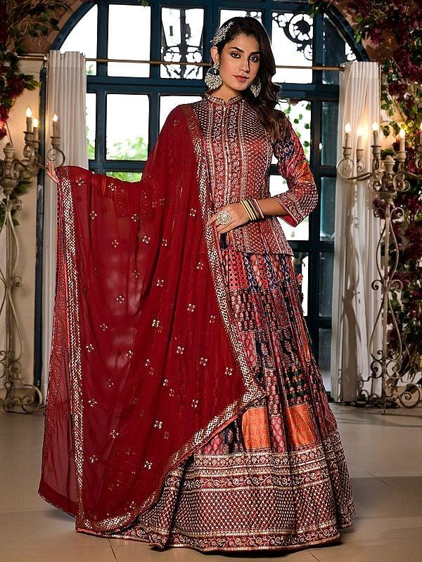 Exotic India Satin Attractive Sequins And Embroidery Work Wedding Wear Lehenga Choli With Georgette Dupatta 
