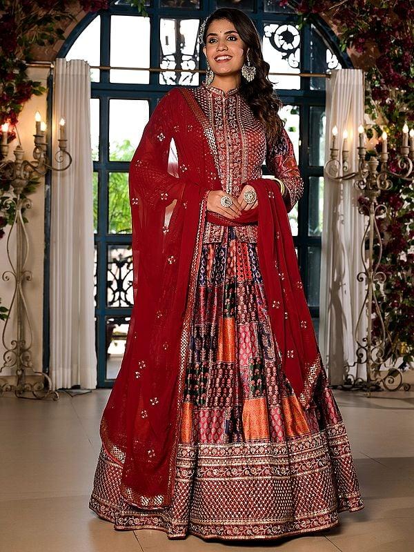exotic india Satin Attractive Sequins And Embroidery Work Wedding Wear Lehenga Choli With Georgette Dupatta 