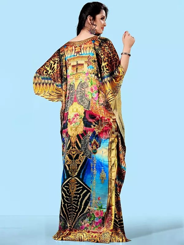 Exotic India Satin Floor Length Stone Work Kaftan With Printed Multicolor Motifs 