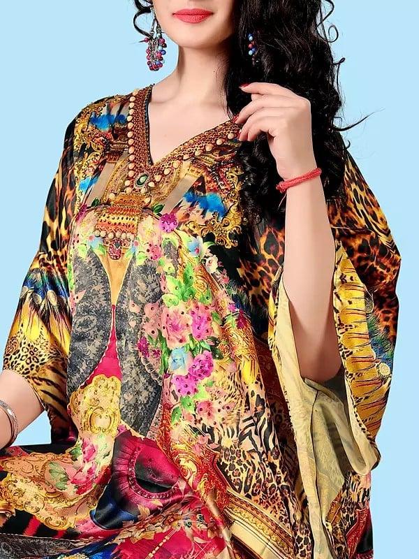 Exotic India Satin Floor Length Stone Work Kaftan With Printed Multicolor Motifs 