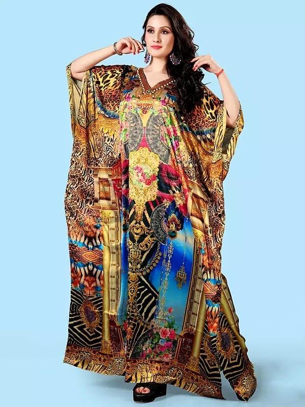 exotic india Satin Floor Length Stone work Kaftan with Printed Multicolor Motifs 