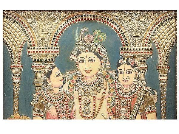 Exotic India Satyabhama Rukmani With Krishna Tanjore Painting | Traditional Colors With 24K Gold | Teakwood Frame | Gold & Wood | Handmade