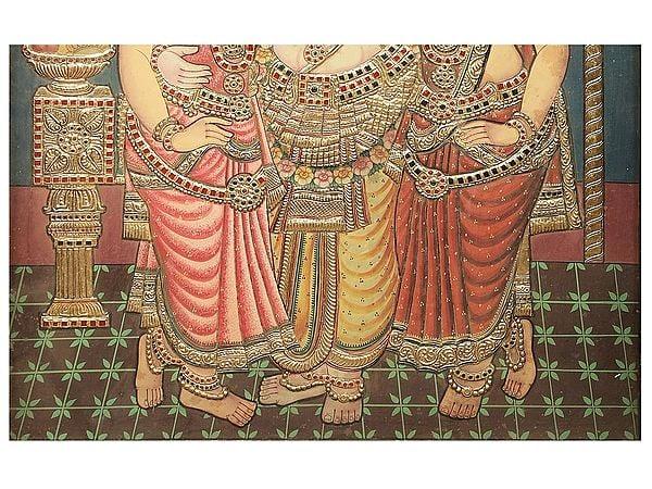 Exotic India Satyabhama Rukmani With Krishna Tanjore Painting | Traditional Colors With 24K Gold | Teakwood Frame | Gold & Wood | Handmade