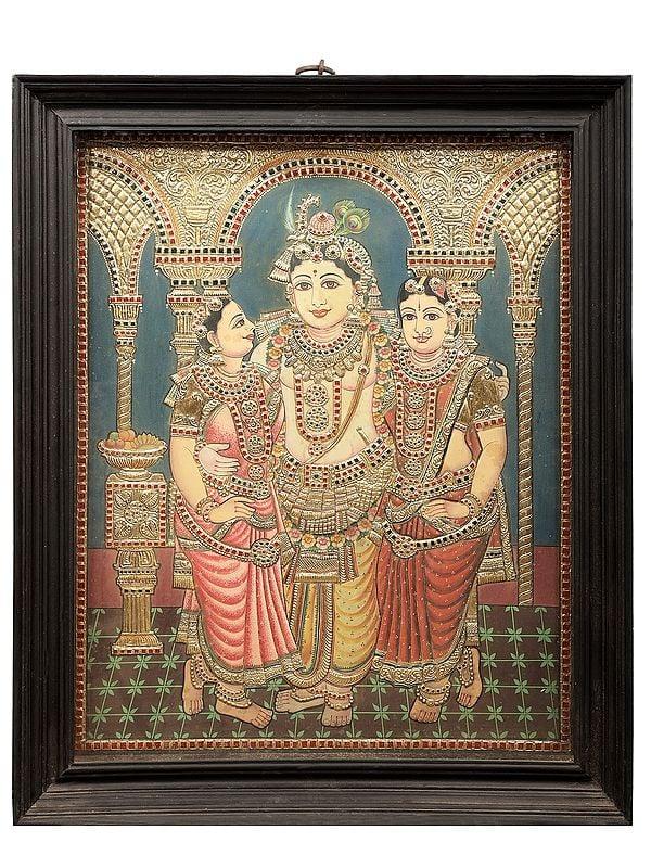exotic india Satyabhama Rukmani with Krishna Tanjore Painting | Traditional Colors With 24K Gold | Teakwood Frame | Gold & Wood | Handmade