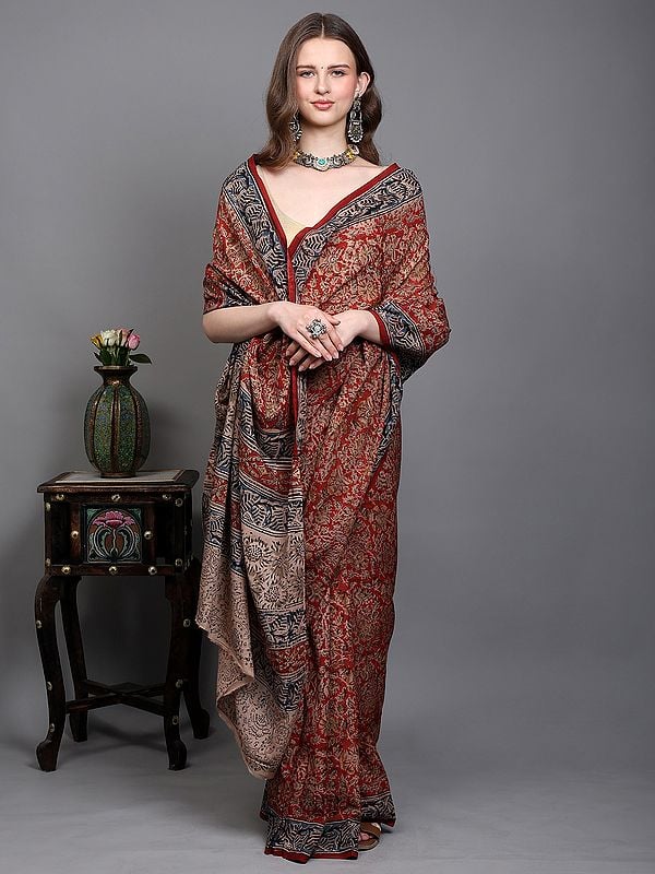 Exotic India Savvy-Red Handblock Printed Kalamkari Saree With Floral Motifs From Telangana 