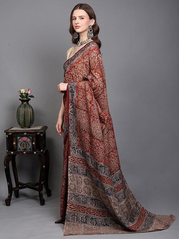 Exotic India Savvy-Red Handblock Printed Kalamkari Saree With Floral Motifs From Telangana 