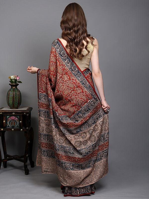 Exotic India Savvy-Red Handblock Printed Kalamkari Saree With Floral Motifs From Telangana 