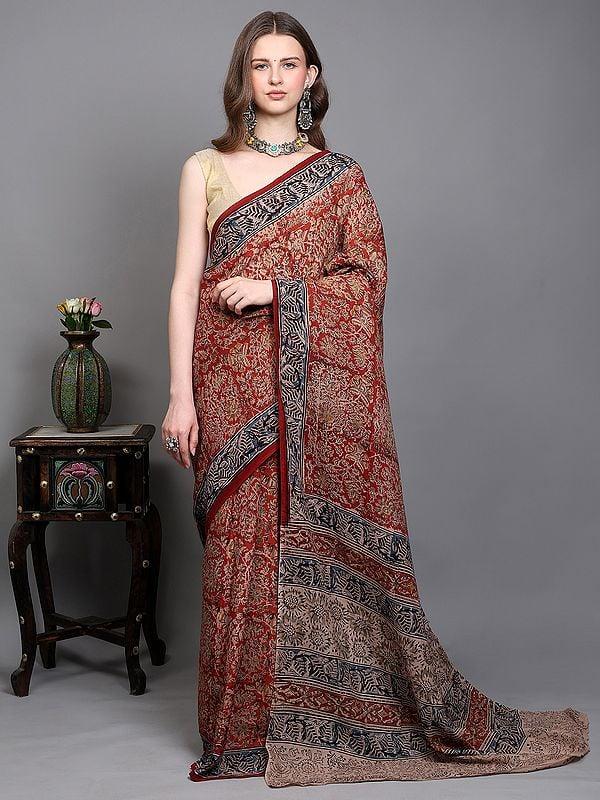 exotic india Savvy-Red Handblock Printed Kalamkari Saree with Floral Motifs from Telangana 