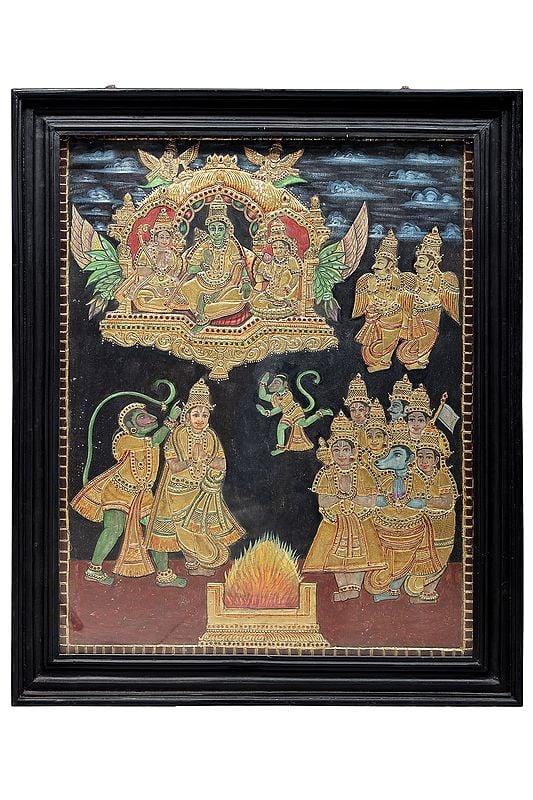 exotic india Scenes From The Ramayana Tanjore Painting | Traditional Colors With 24K Gold | Teakwood Frame | Gold & Wood | Handmade | Made In India