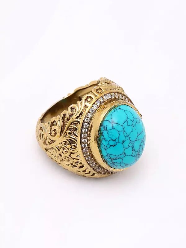 Exotic India Scrollwork Patterns Oval Cut Turquoise Ring 