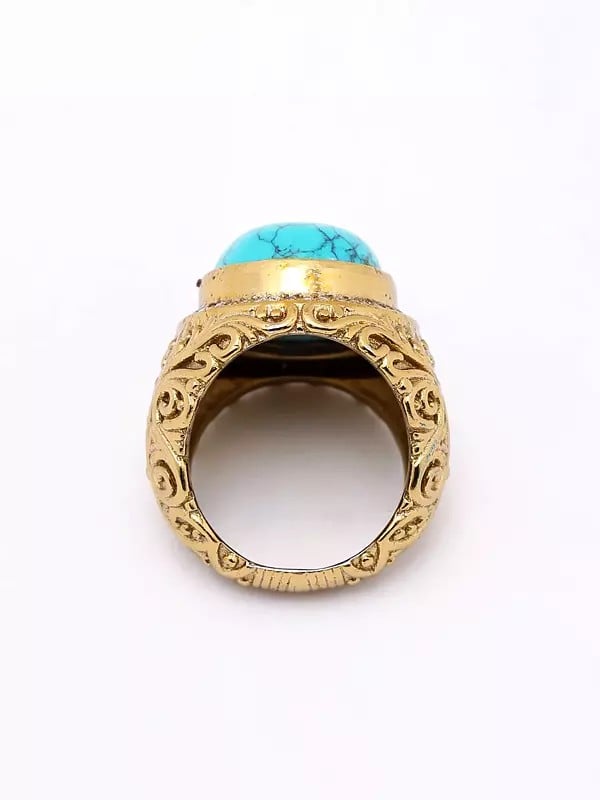 Exotic India Scrollwork Patterns Oval Cut Turquoise Ring 
