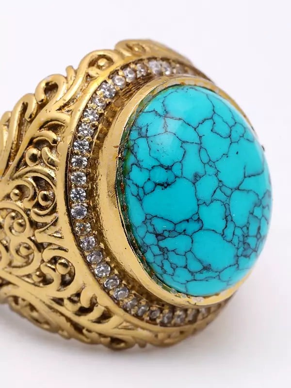 Exotic India Scrollwork Patterns Oval Cut Turquoise Ring 
