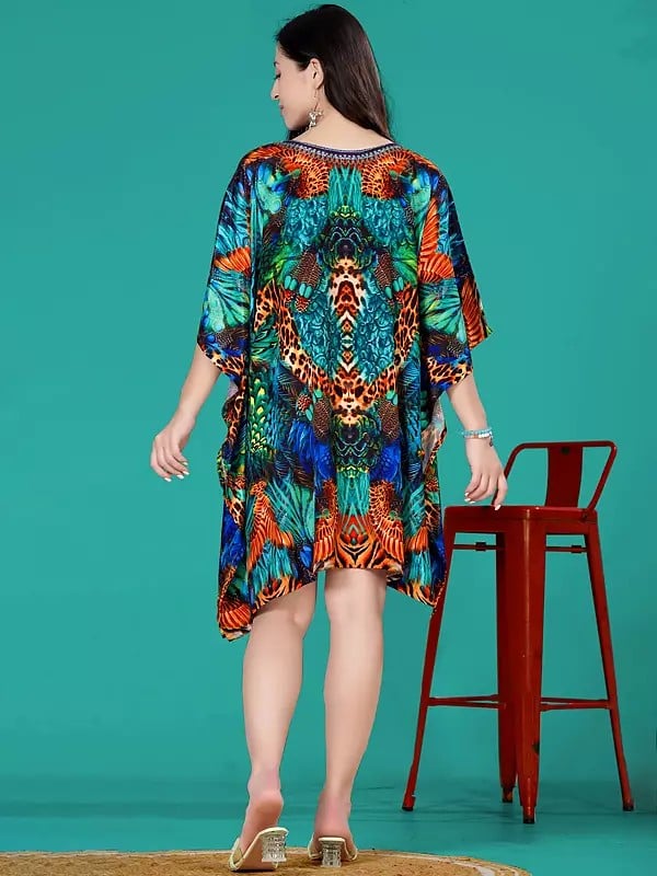 Exotic India Scuba-Blue Animal Print Short Kaftan With Stone Work 
